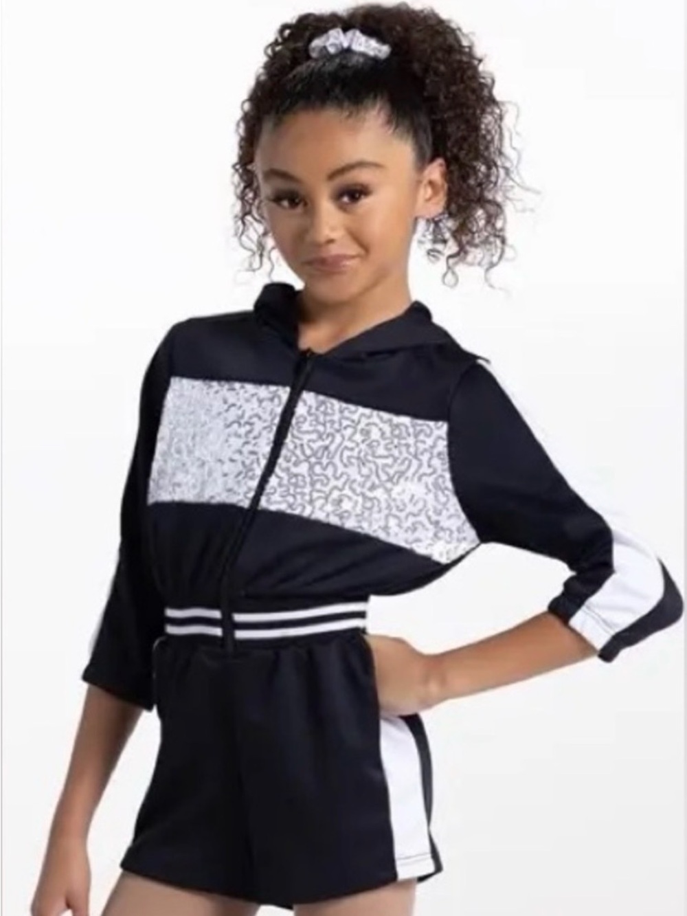 Weissman Black & White Zip Front Hoodie Romper w/ sequins Dance Costume (girls)